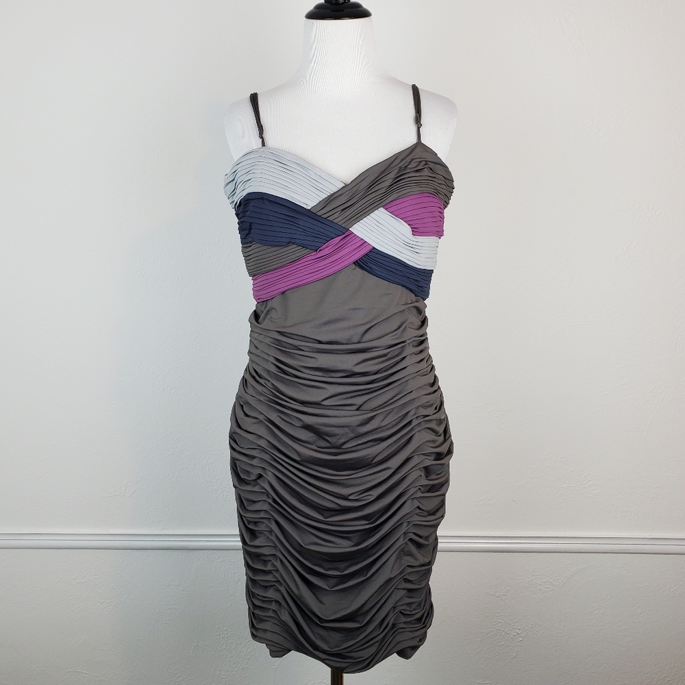 Narcisa Lang Dress Ruched Draped Cross Over Y2K Formal Prom Cocktail Gray Purple